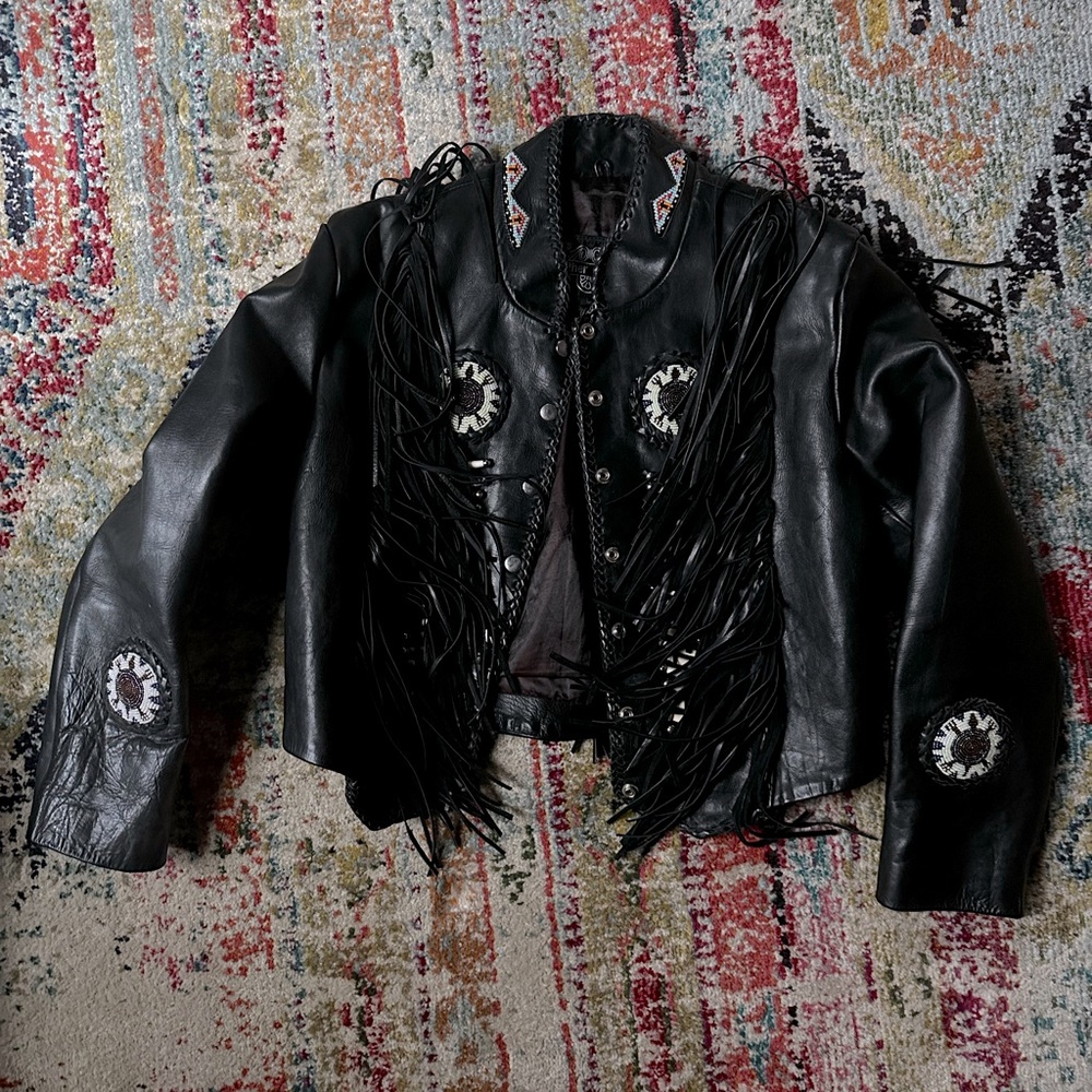 Black fringe, hand beaded, genuine leather jacket